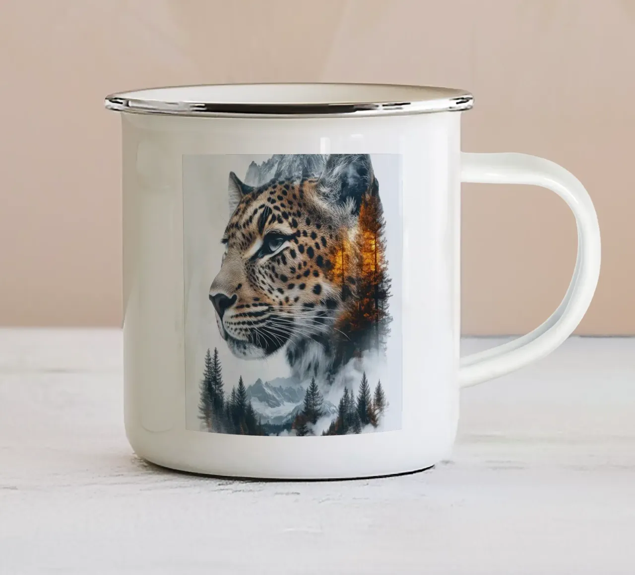 montagne a macchia di leopardo pini tazza in smalto da Kirsten C Nolan