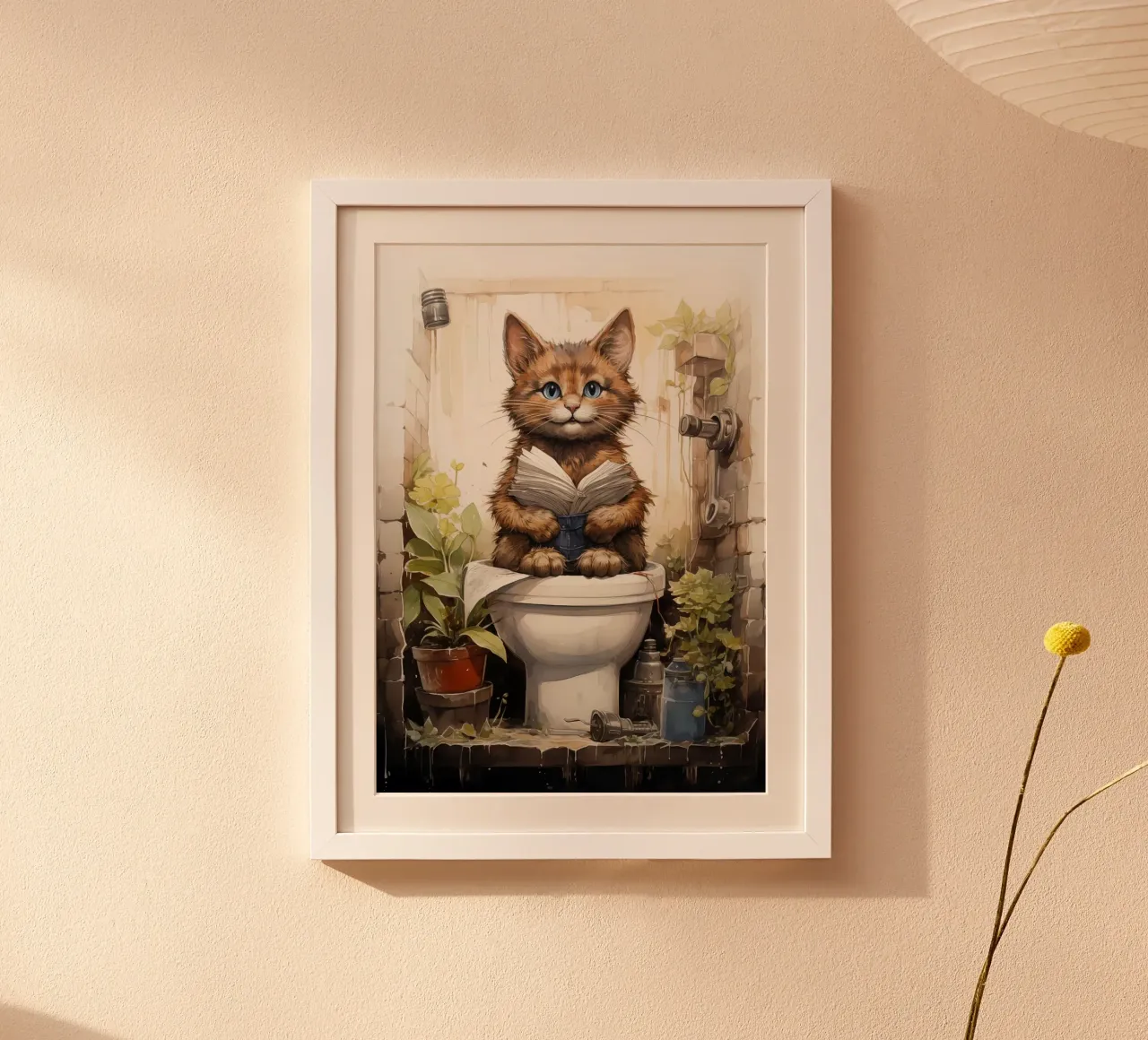 cat book toilet bathroom poster with aluminum frame by Kirsten C Nolan