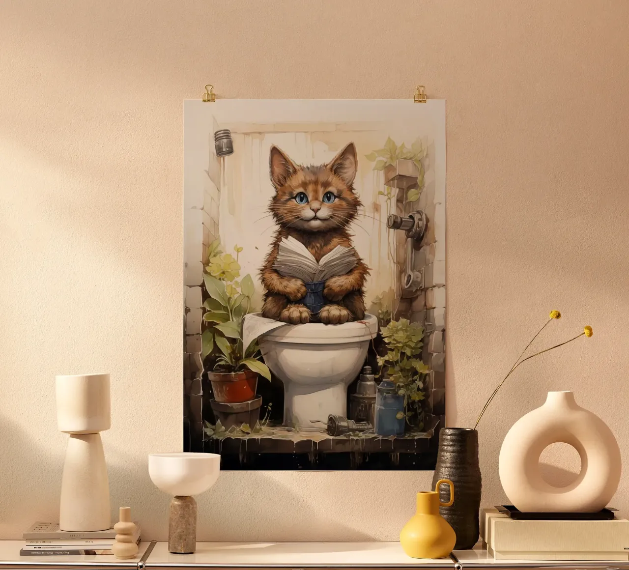 cat book toilet bathroom poster with aluminum frame by Kirsten C Nolan