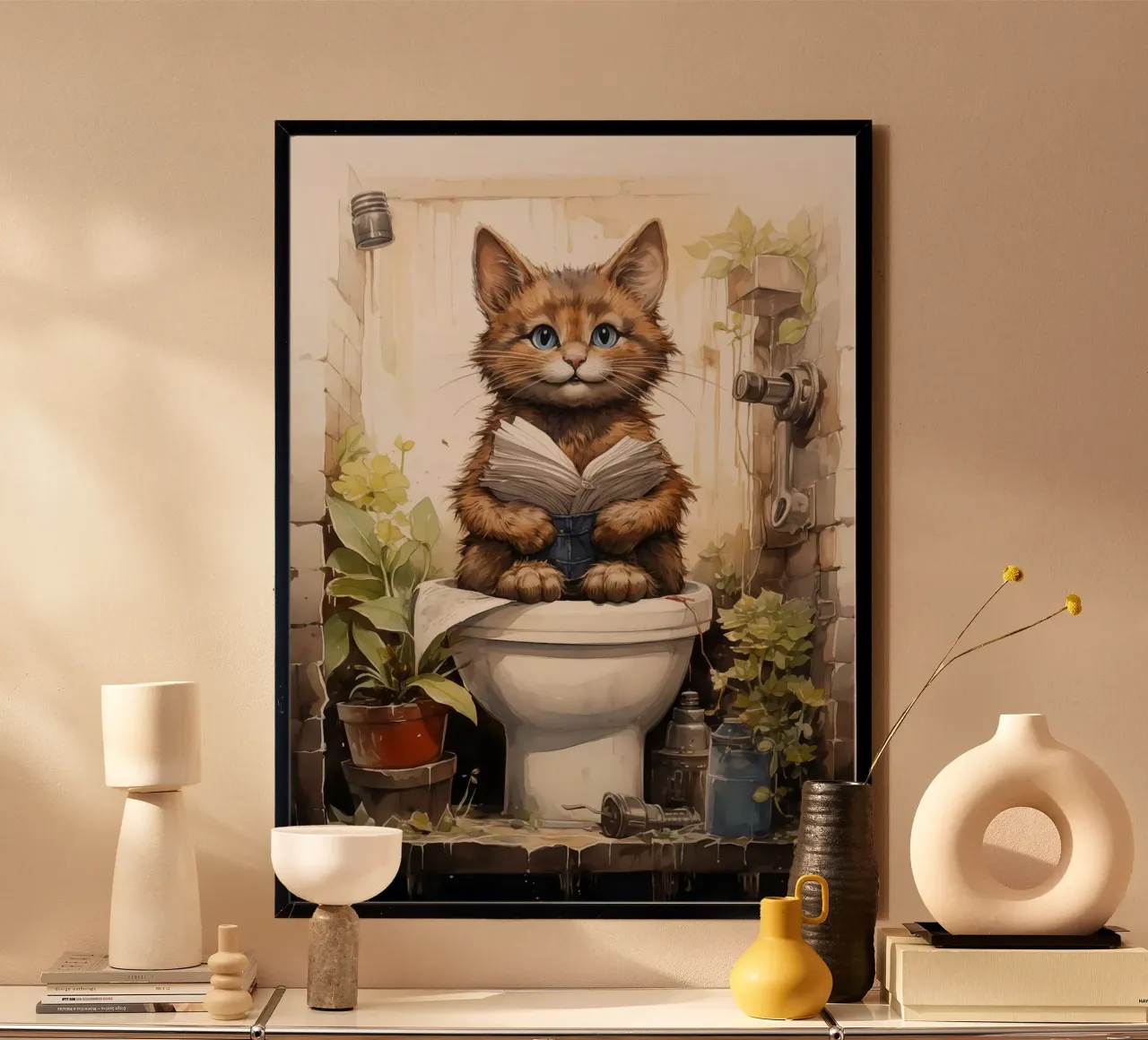 cat book toilet bathroom poster with aluminum frame by Kirsten C Nolan