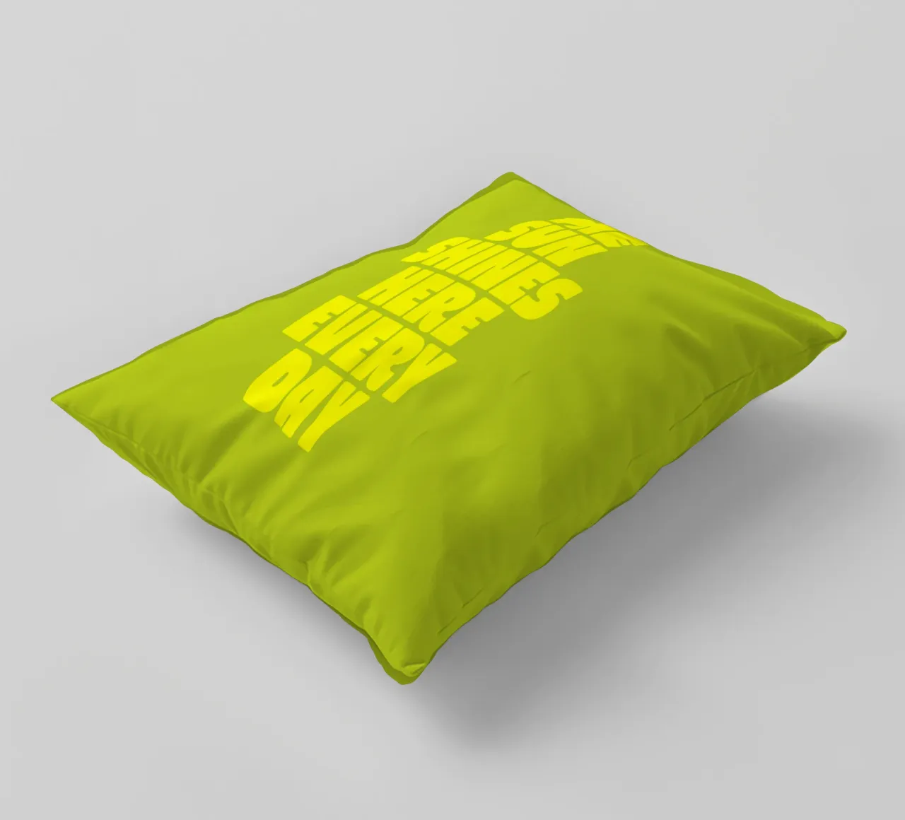 The Sun Shines Here Every Day Typography Print Yellow Green decorative cushion by THE MOTIVATED TYPE
