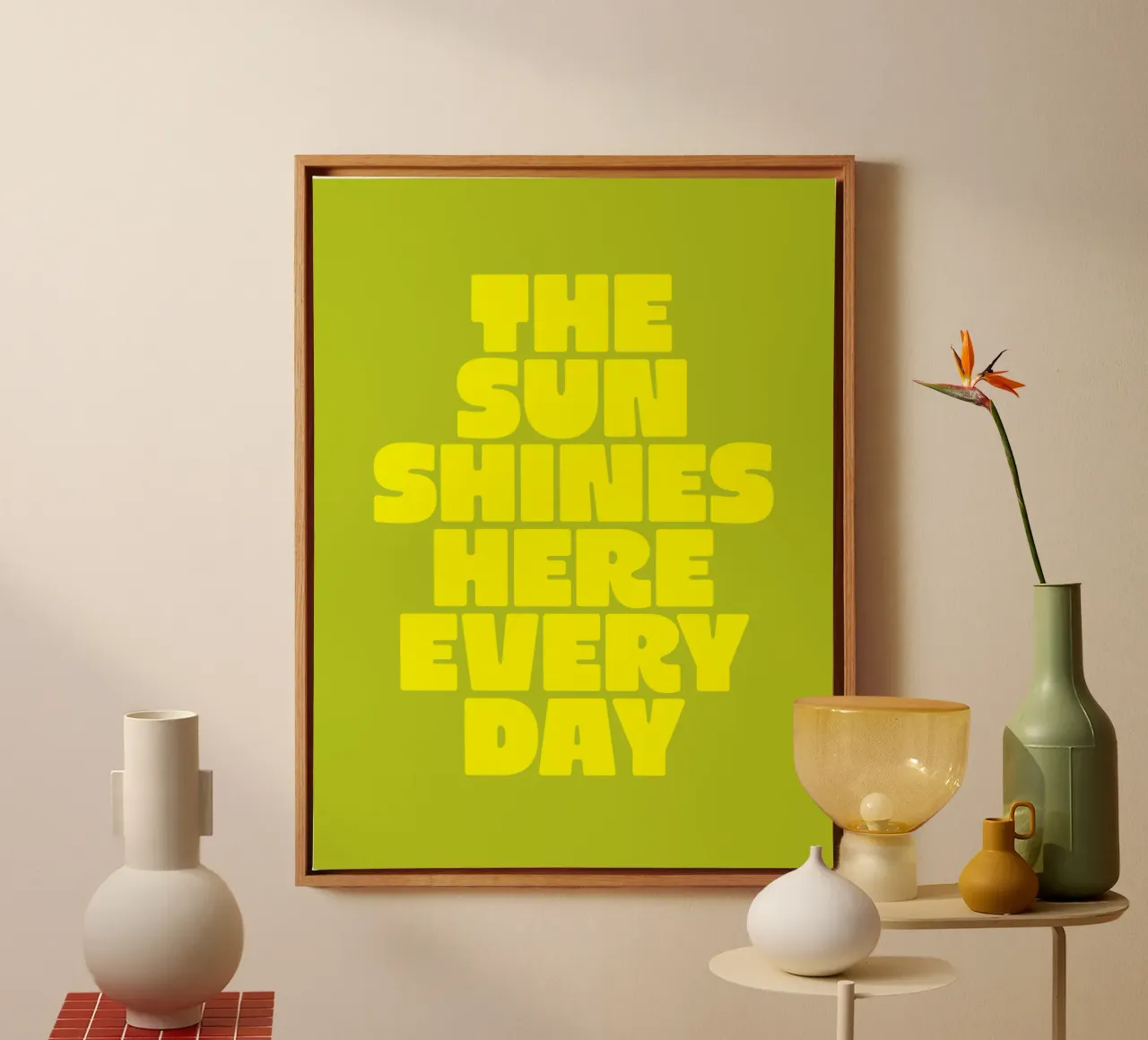 The Sun Shines Here Every Day Typography Print Yellow Green canvas by THE MOTIVATED TYPE