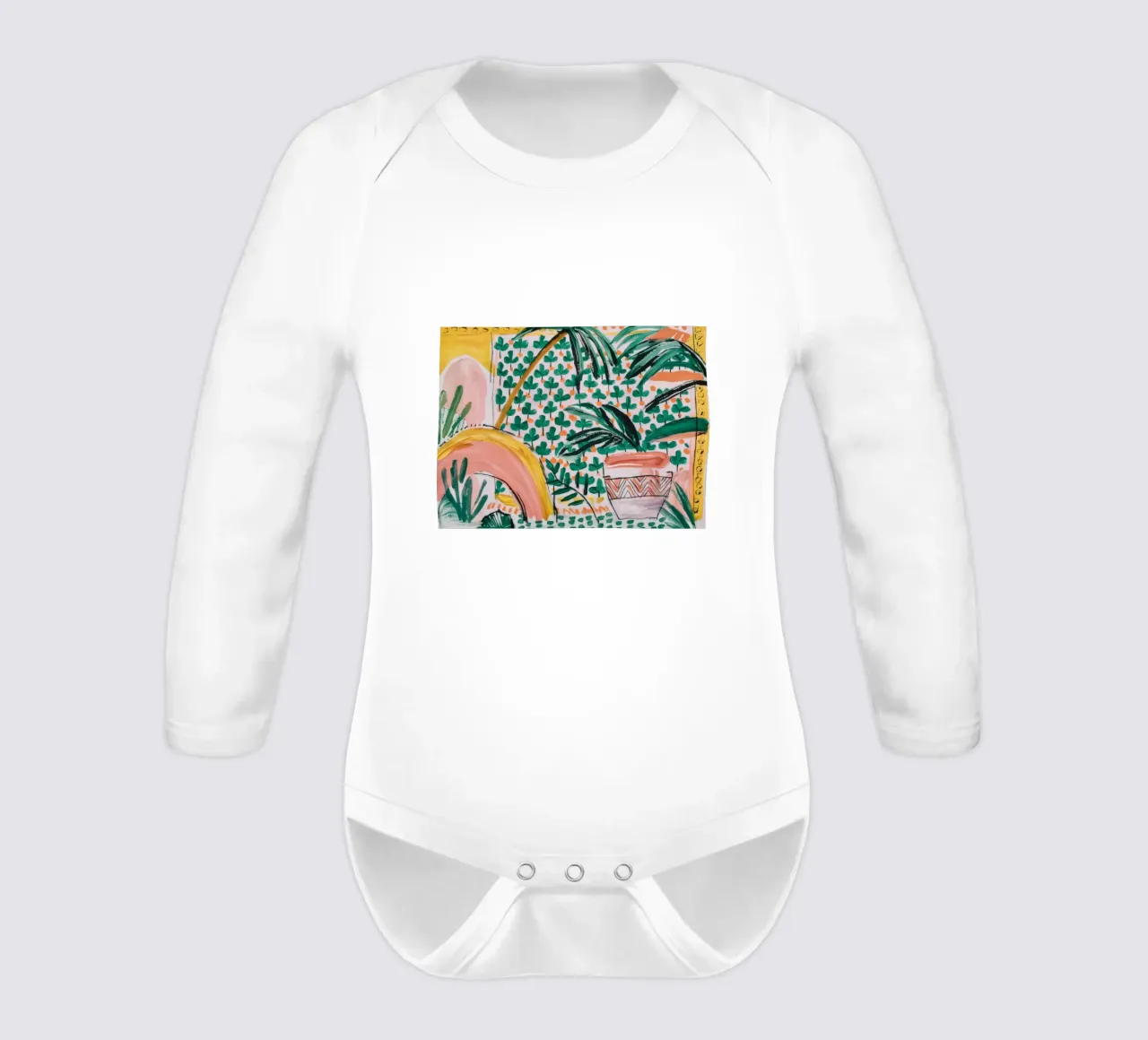 Palm Tree Elegance long-sleeve baby romper by Beach Palette
