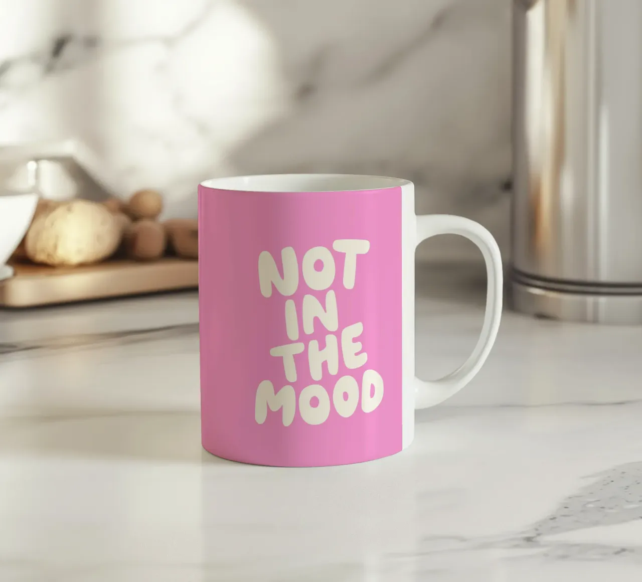 Not in The Mood Sassy Funny Typography Print in Pink ceramic mug by THE MOTIVATED TYPE