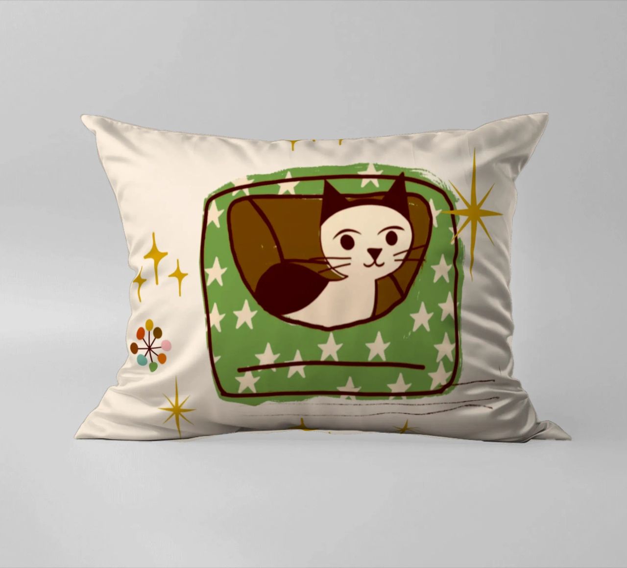Chat rétro dans un lit étoilé coussin de susanacosta