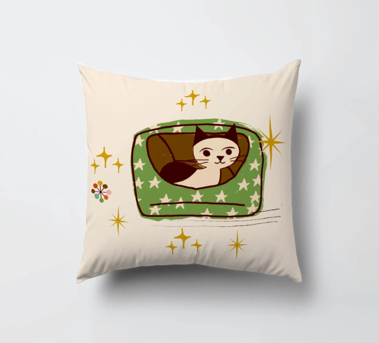 Chat rétro dans un lit étoilé coussin de susanacosta