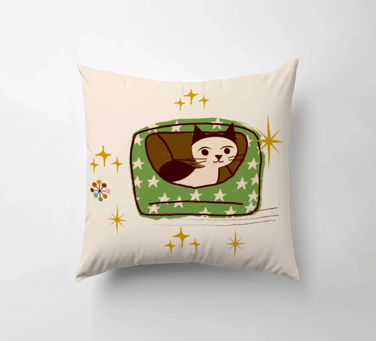 Chat rétro dans un lit étoilé coussin de susanacosta