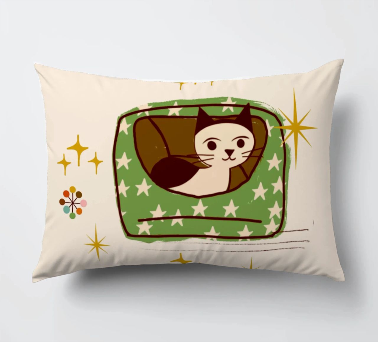 Chat rétro dans un lit étoilé coussin de susanacosta