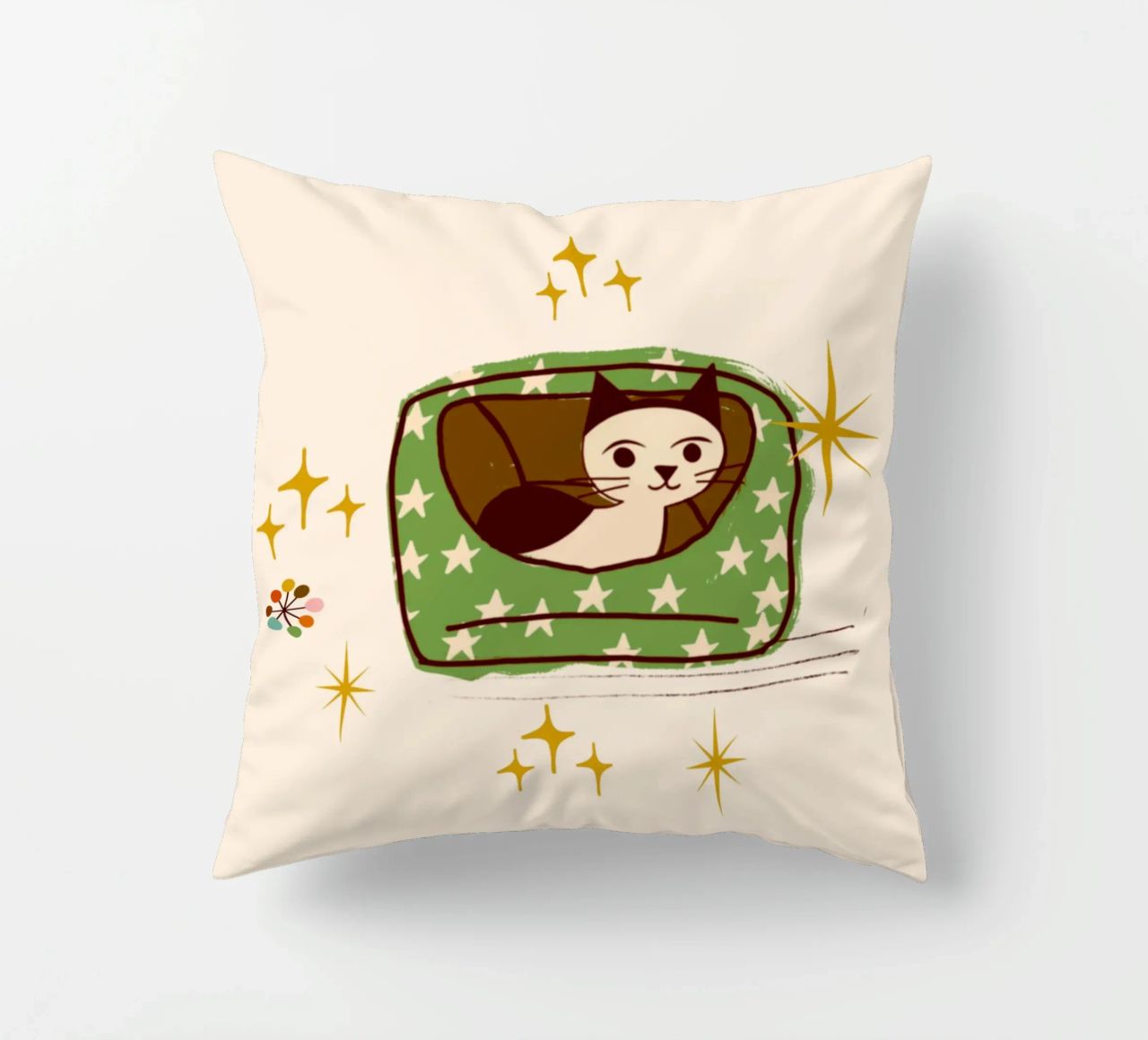 Chat rétro dans un lit étoilé coussin de susanacosta