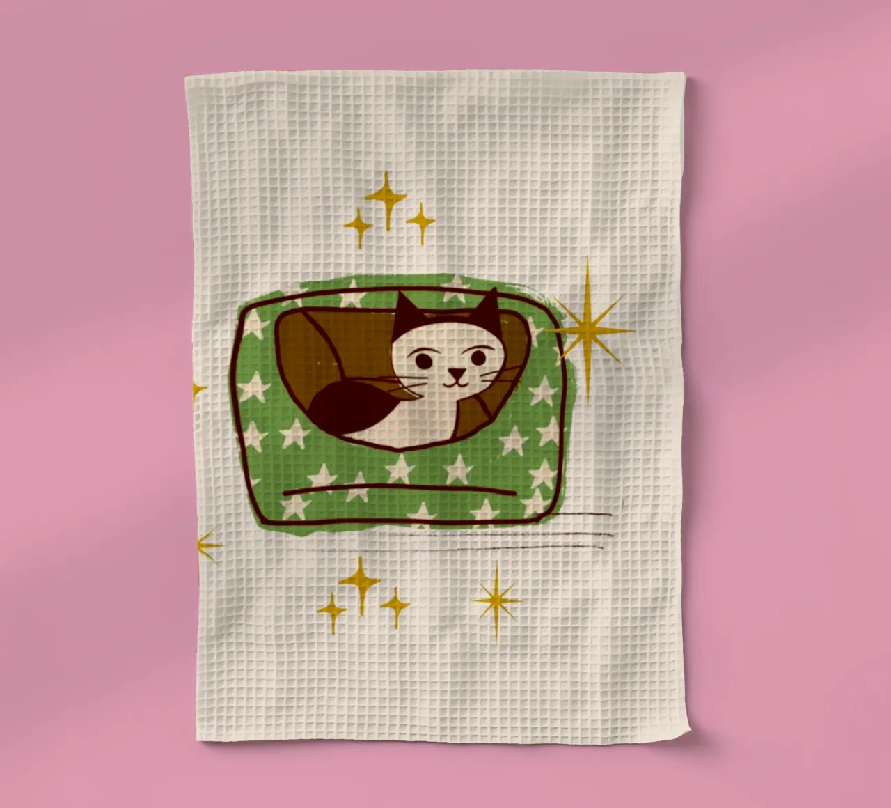 Chat rétro dans un lit étoilé torchon de susanacosta