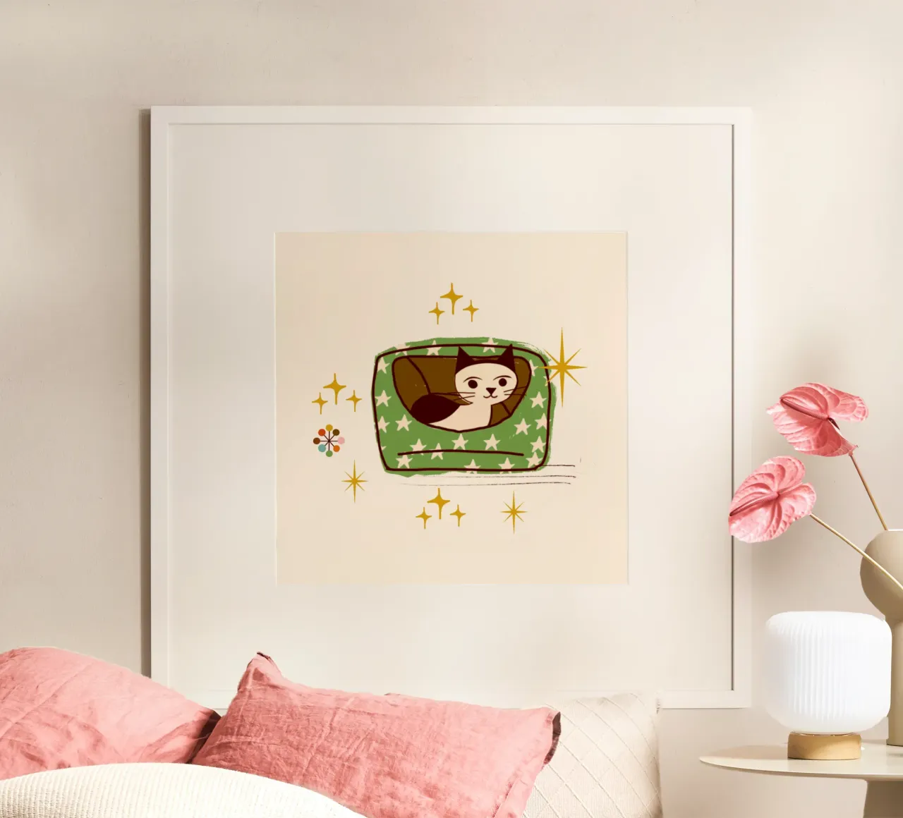 Gatto retrò in letto stellato poster con telaio in alluminio da susanacosta