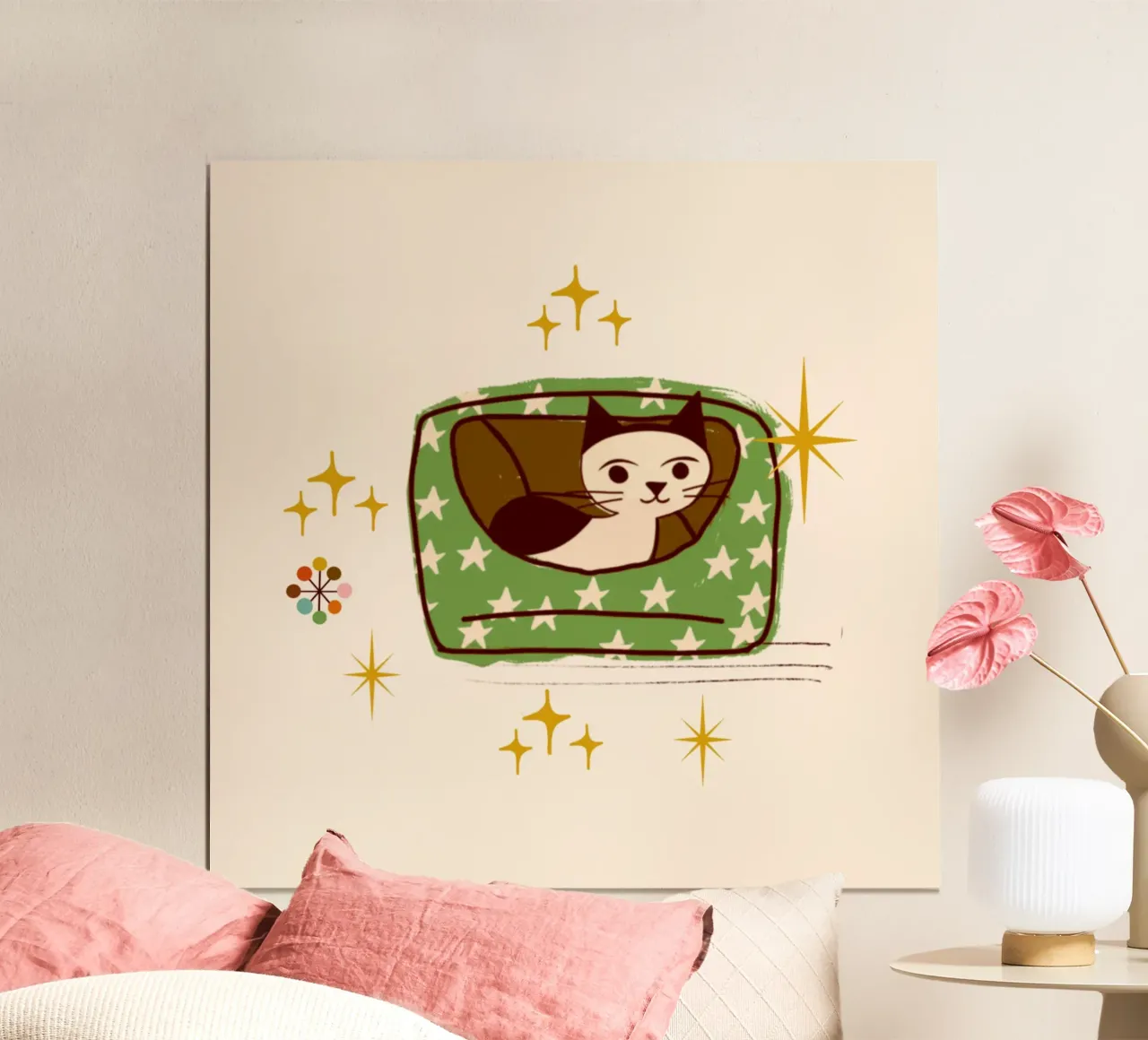 Gatto retrò in letto stellato poster con telaio in alluminio da susanacosta