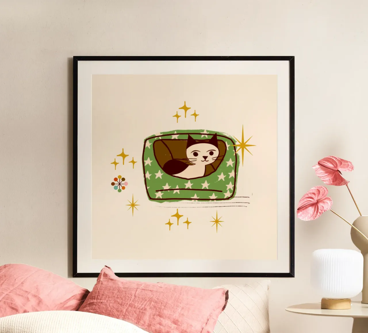 Gatto retrò in letto stellato poster con telaio in alluminio da susanacosta