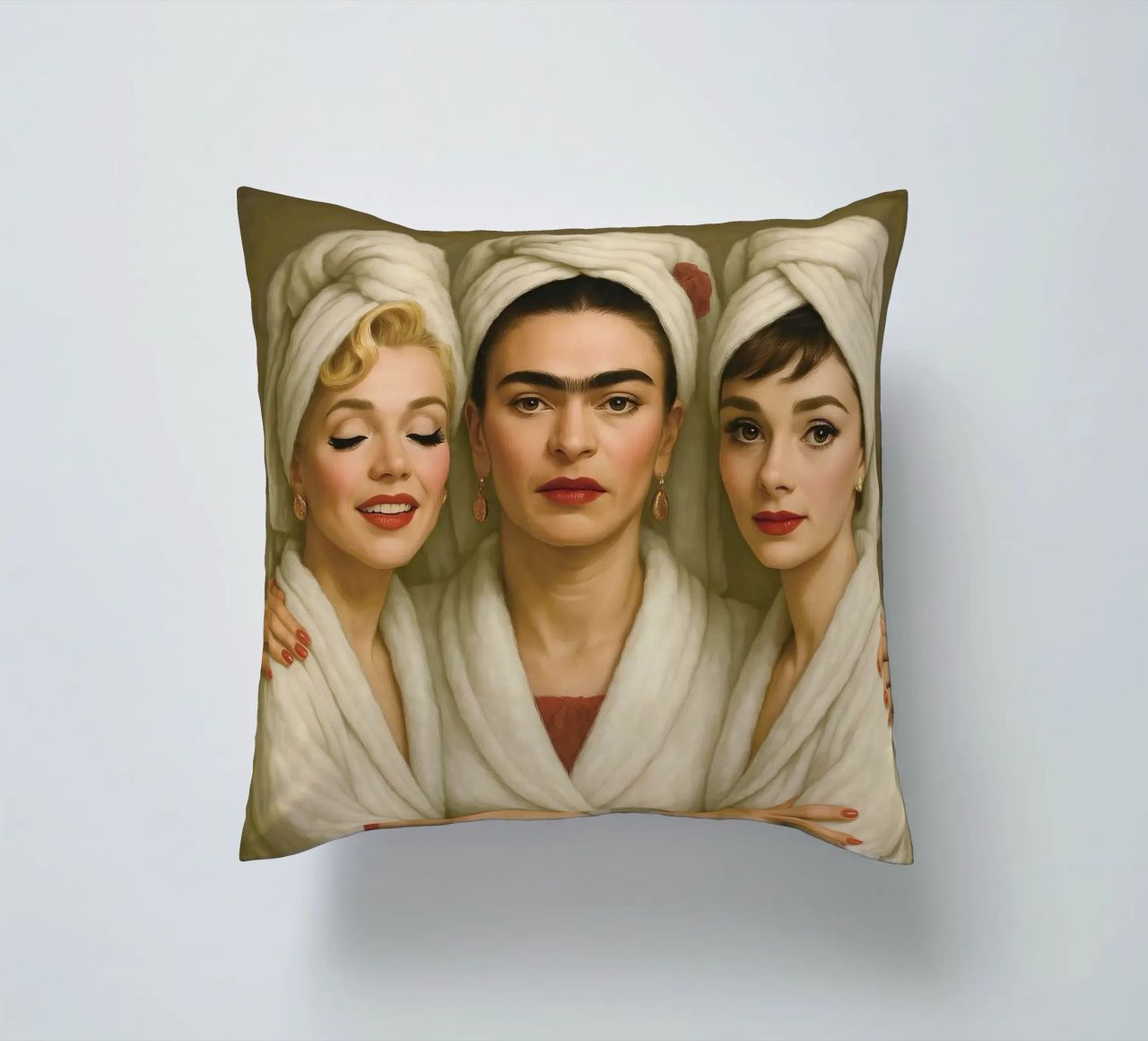 Marilyn Monroe Audrey Hepburn Frida Kahlo in accappatoio cuscino da ARTOMATIC