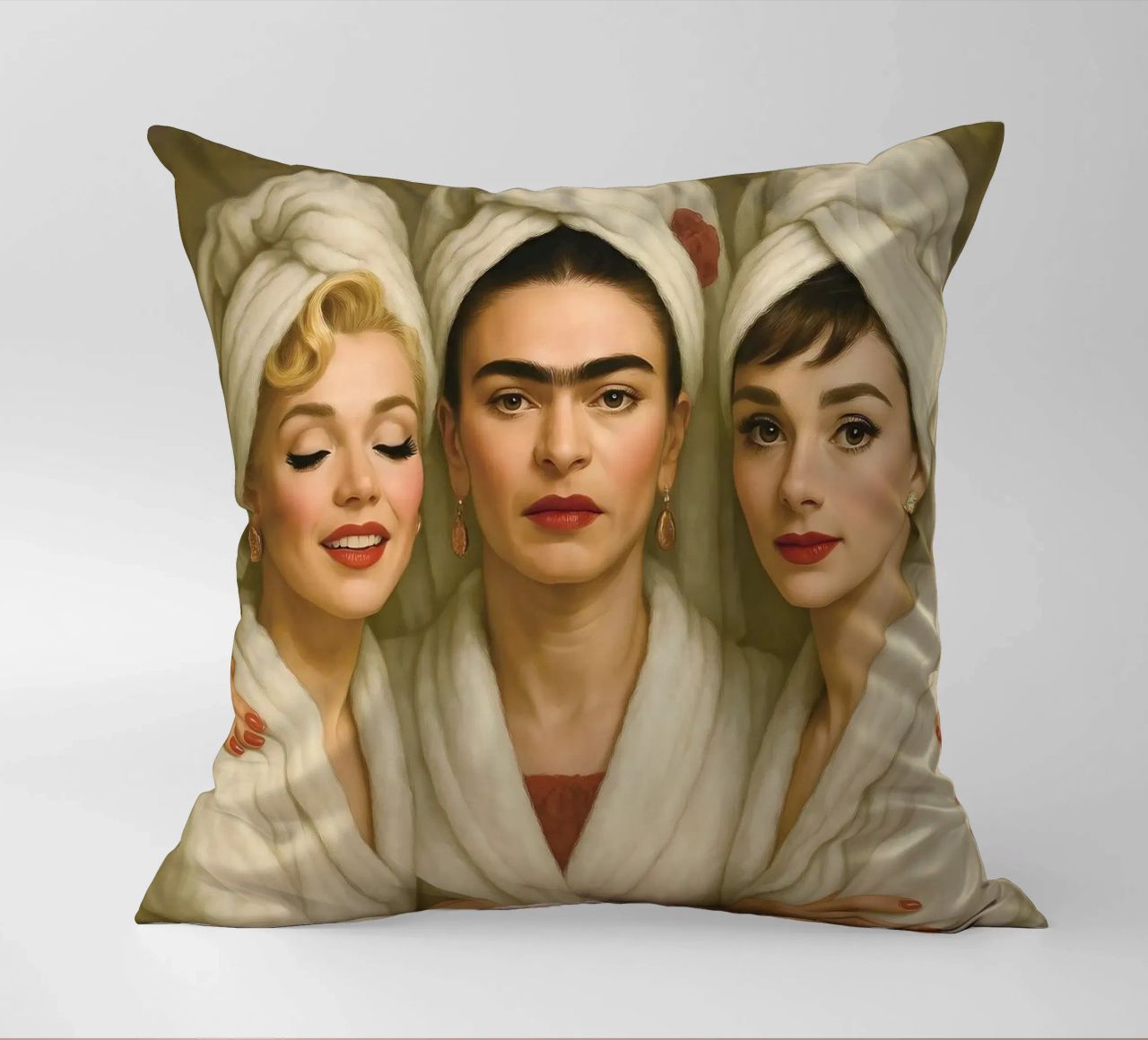 Marilyn Monroe Audrey Hepburn Frida Kahlo in accappatoio cuscino da ARTOMATIC
