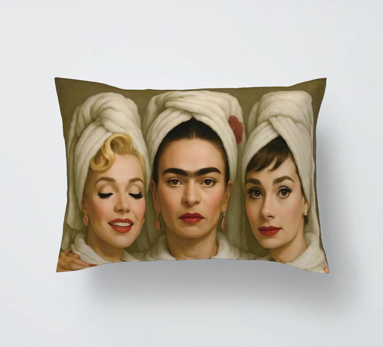 Marilyn Monroe Audrey Hepburn Frida Kahlo in accappatoio cuscino da ARTOMATIC