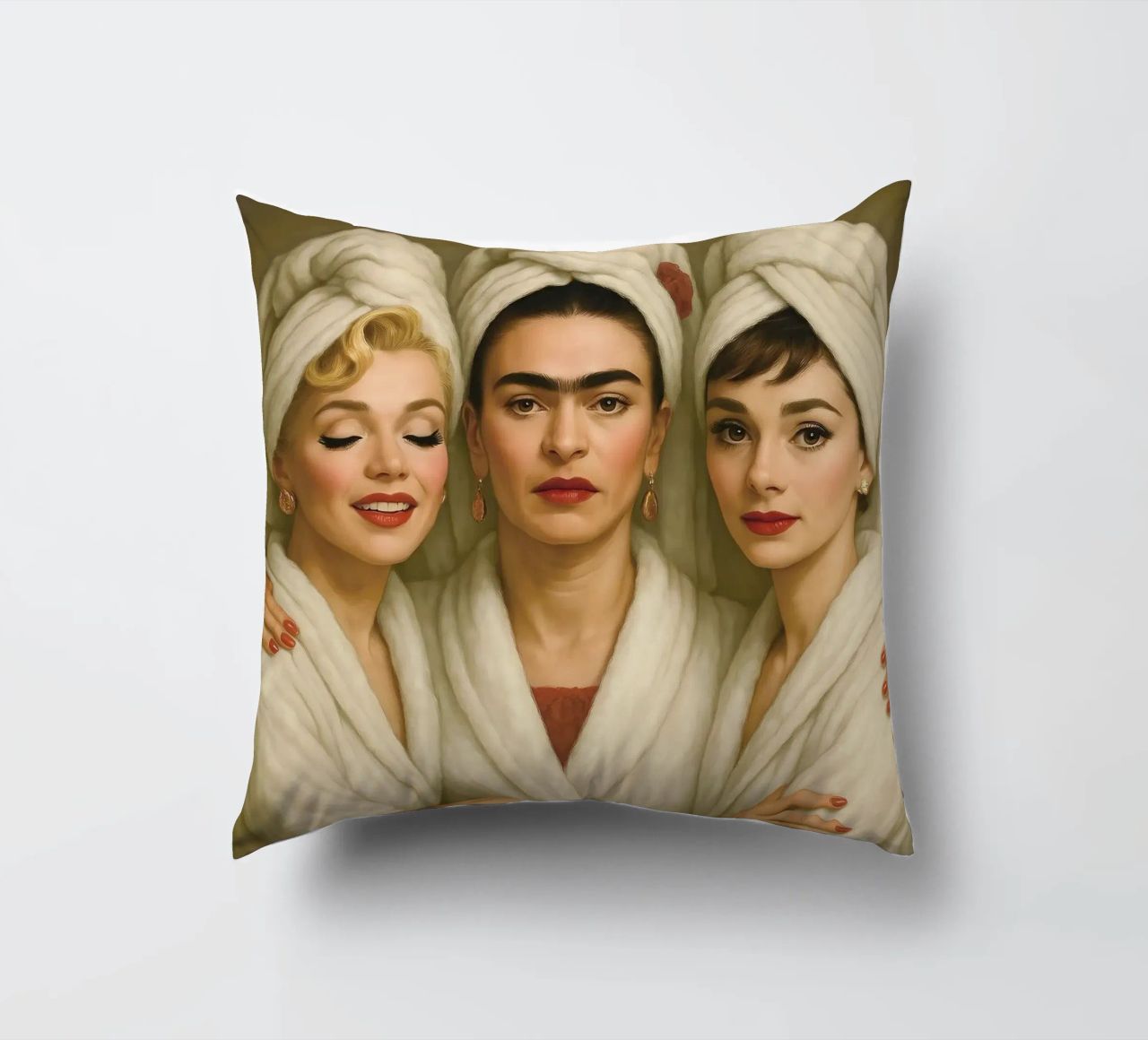 Marilyn Monroe Audrey Hepburn Frida Kahlo in accappatoio cuscino da ARTOMATIC
