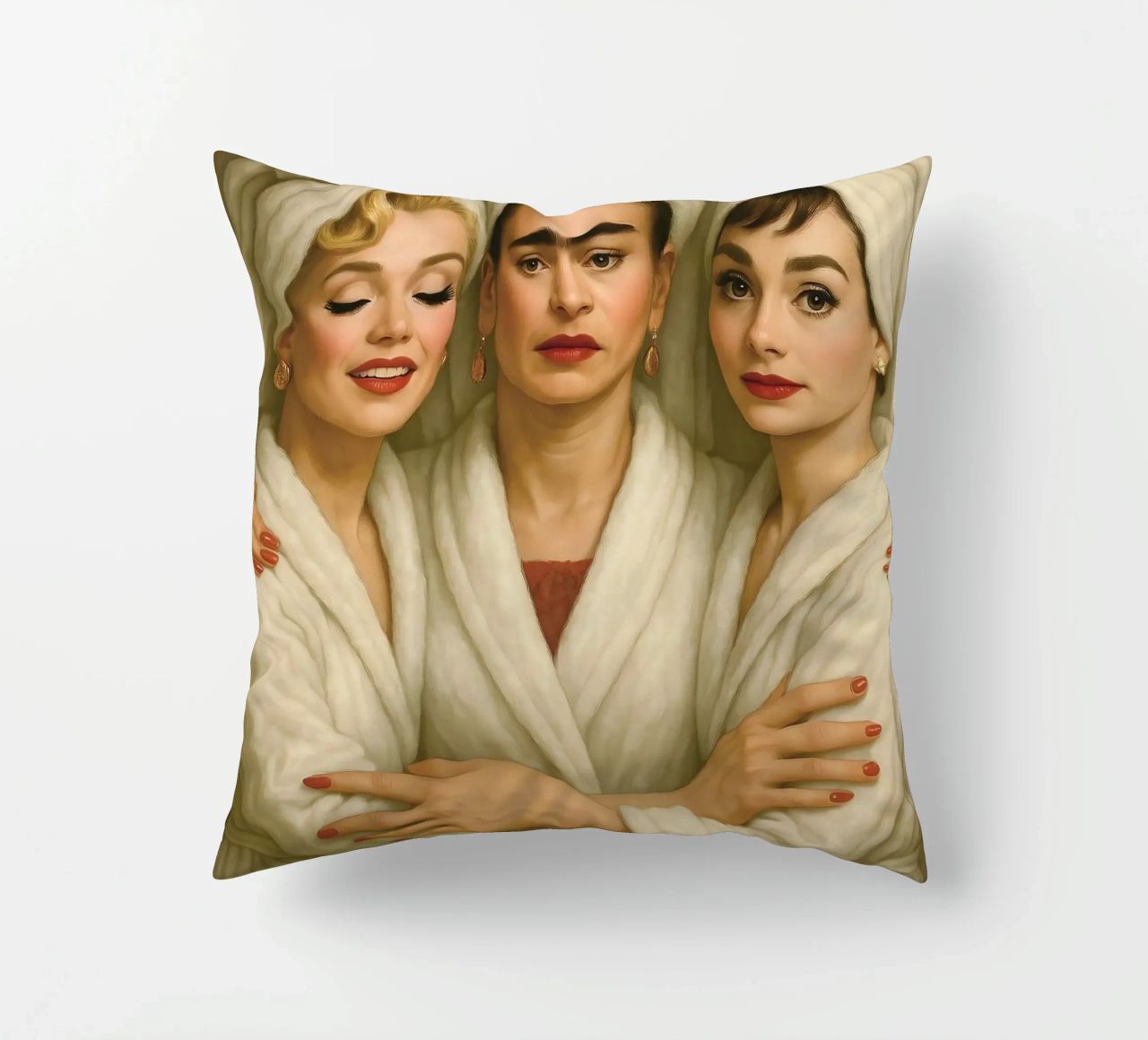 Marilyn Monroe Audrey Hepburn Frida Kahlo in accappatoio cuscino da ARTOMATIC