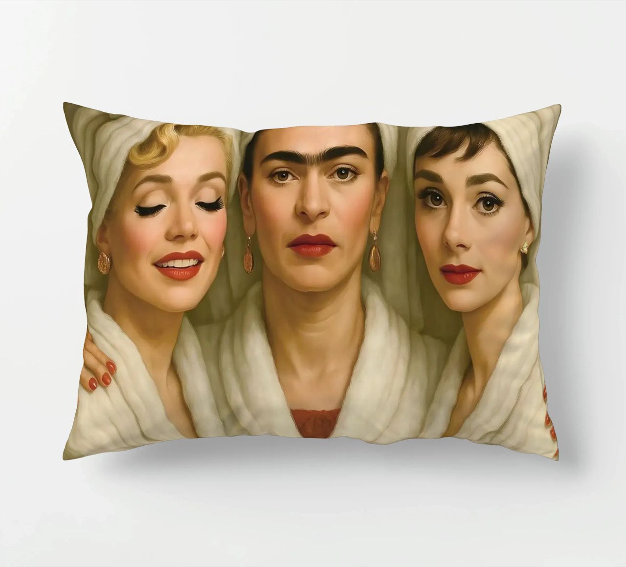 Marilyn Monroe Audrey Hepburn Frida Kahlo in accappatoio cuscino da ARTOMATIC