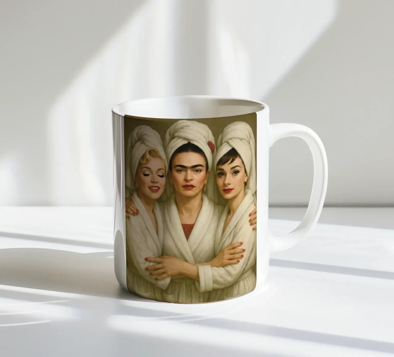 Marilyn Monroe Audrey Hepburn Frida Kahlo in accappatoio tazza in ceramica da ARTOMATIC