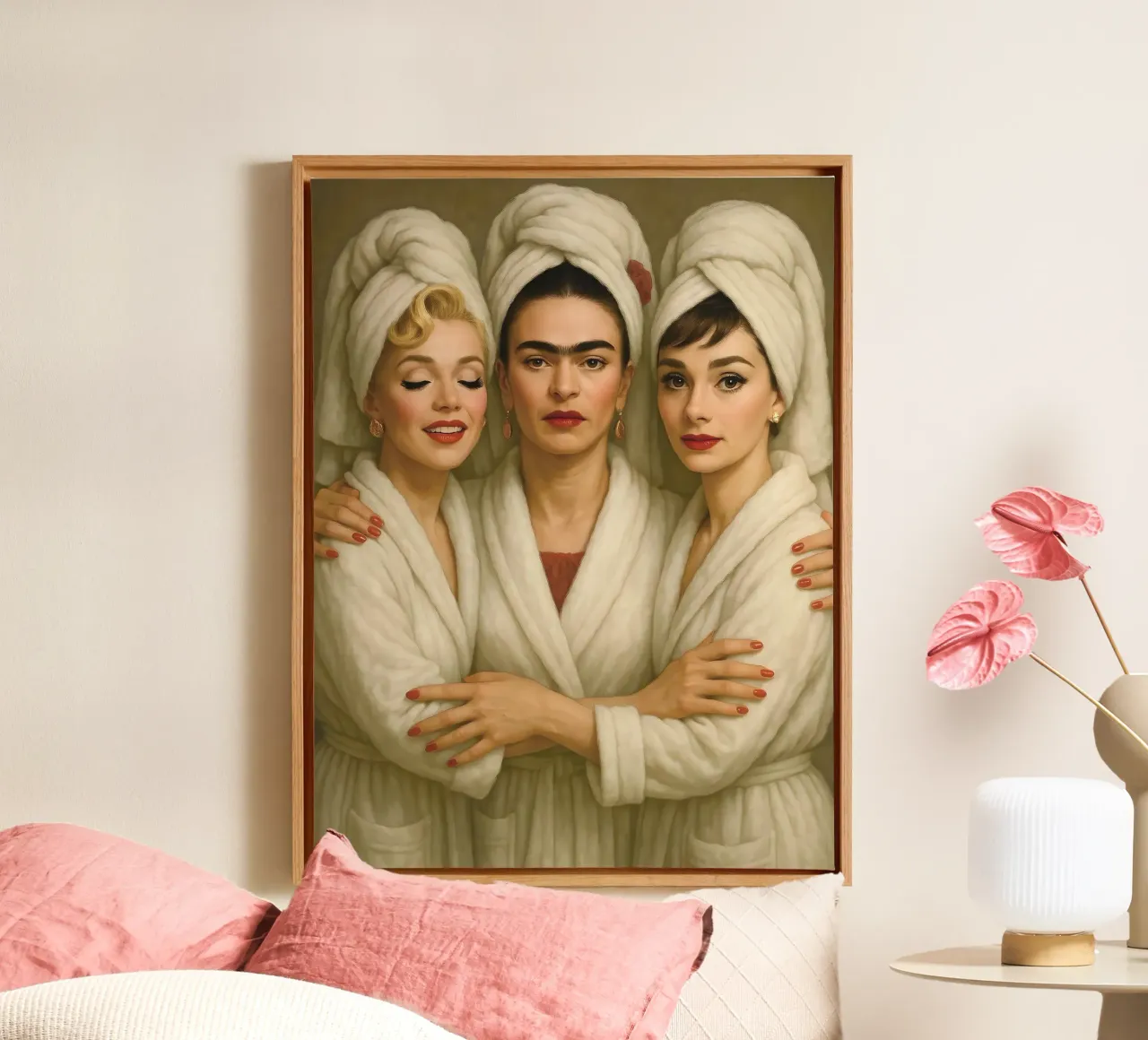 Marilyn Monroe Audrey Hepburn Frida Kahlo in accappatoio tela con Cornice a cassetta da ARTOMATIC