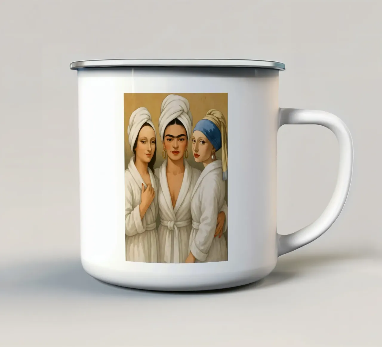 Monna Lisa Frida Kahlo Ragazza con orecchino di perla in accappatoio tazza in smalto da ARTOMATIC