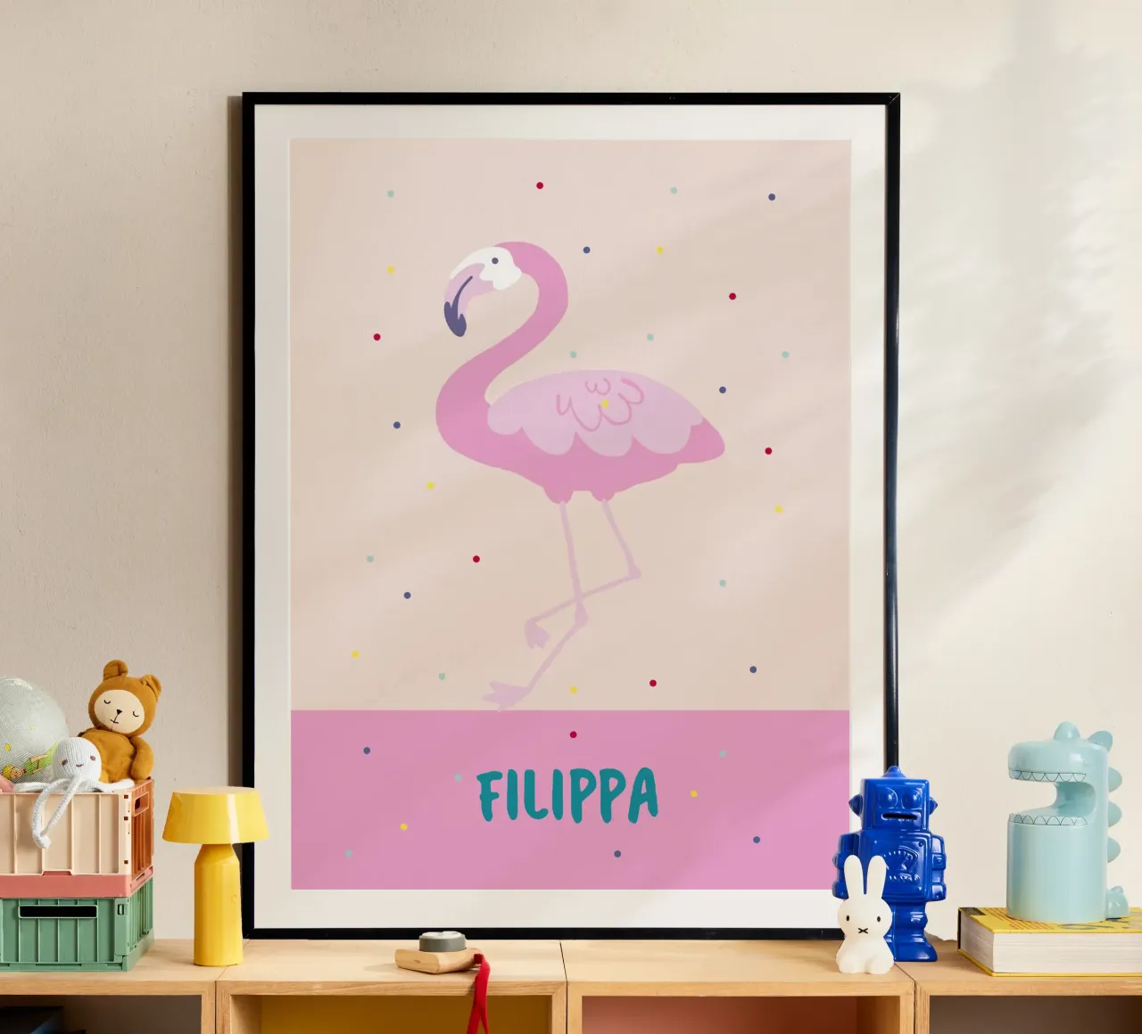 Fröhliches Namensbild mit Flamingo oder Affe poster da Ohkimiko