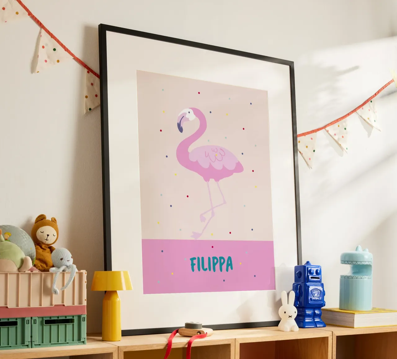 Fröhliches Namensbild mit Flamingo oder Affe poster da Ohkimiko