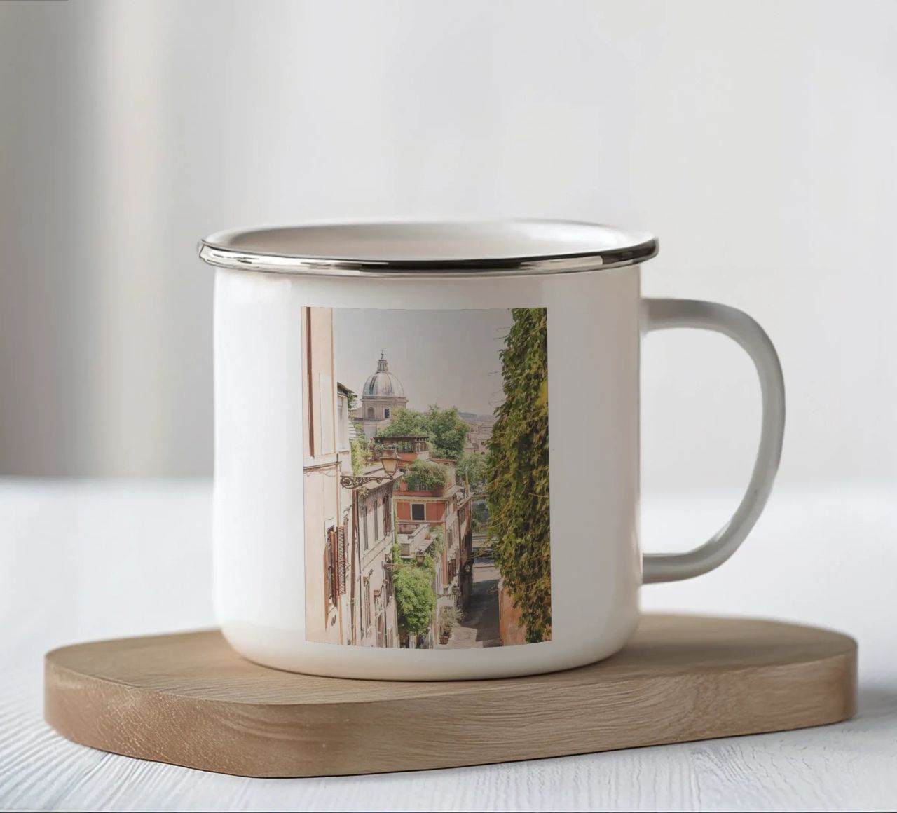 Rome, Italie I Vue panorama sur les toits depuis Trastevere mug en émail de Julie Travel Photography