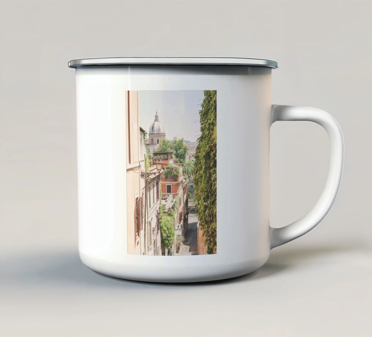 Rome, Italie I Vue panorama sur les toits depuis Trastevere mug en émail de Julie Travel Photography