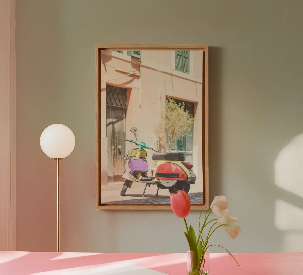 Rome, Italy I Pastel multicoloured retro scooter in Trastevere canvas with Floater frame by Julie Travel Photography