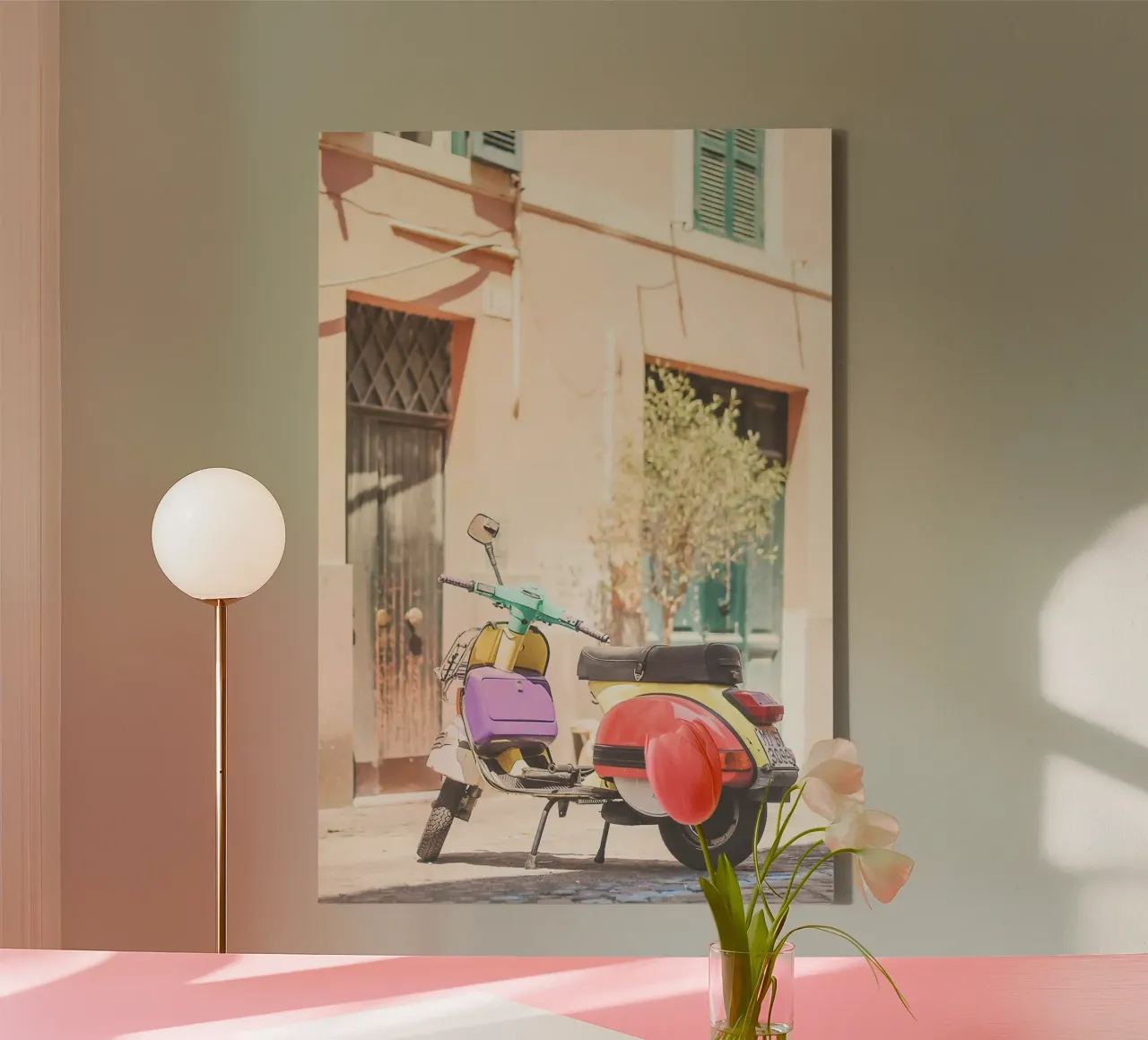 Rome, Italy I Pastel multicoloured retro scooter in Trastevere canvas with Floater frame by Julie Travel Photography