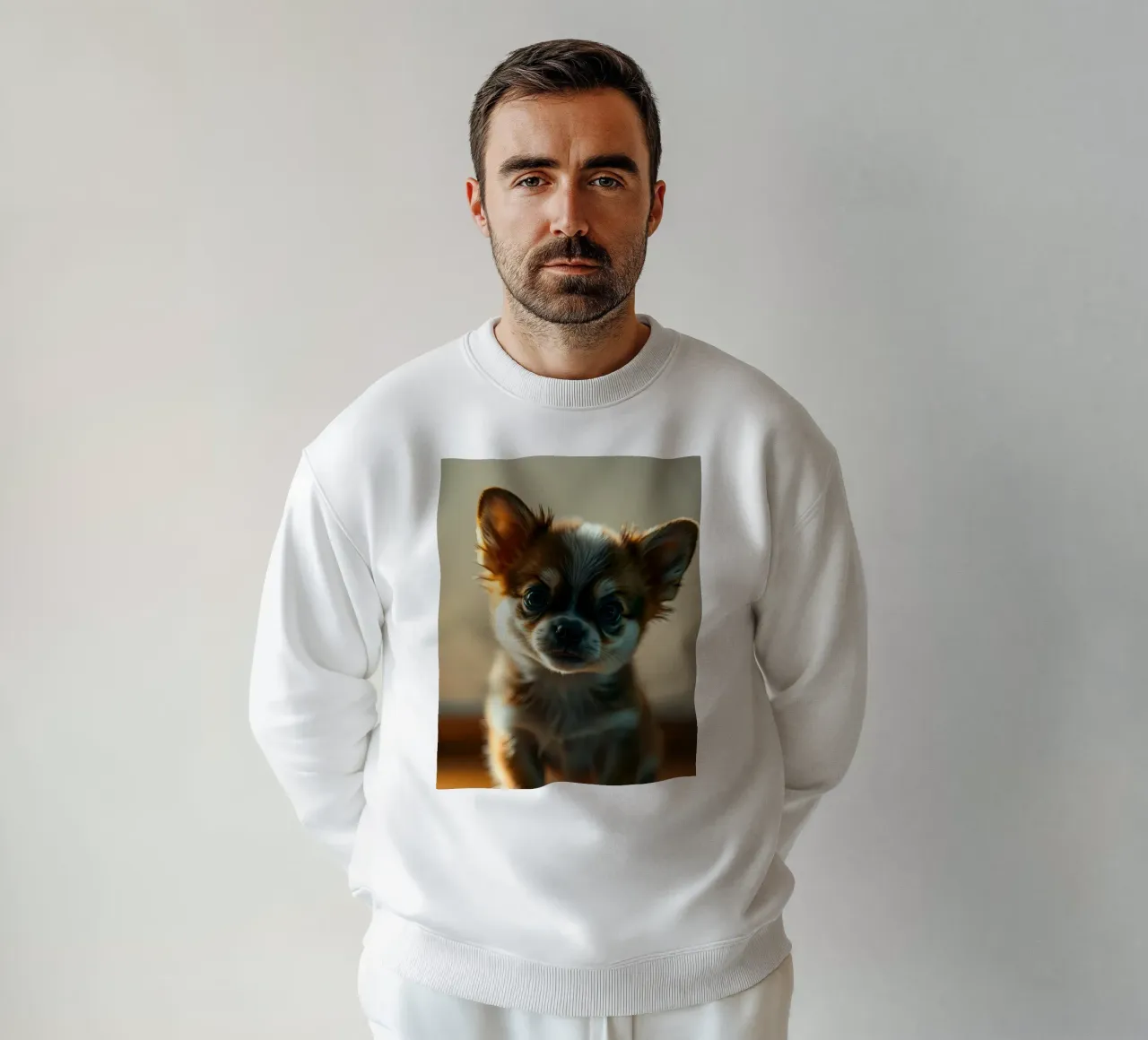Un petit chien mignon aux grands yeux pose pour une photo douce et chaleureuse sweat de DesignDoodle