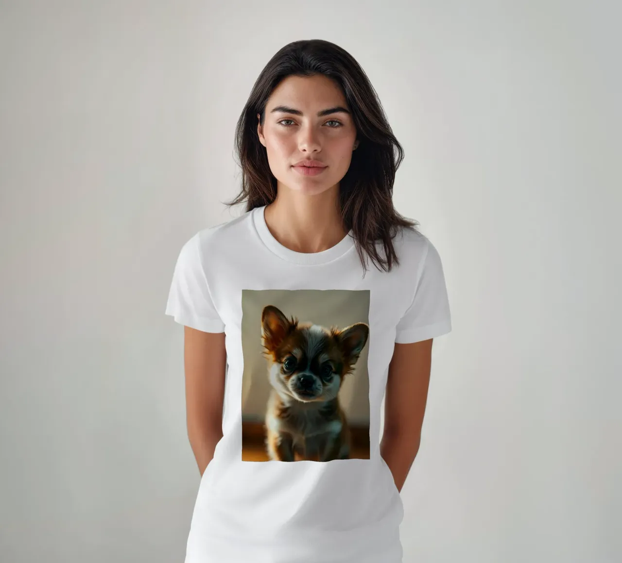 Un petit chien mignon aux grands yeux pose pour une photo douce et chaleureuse t-shirt de DesignDoodle
