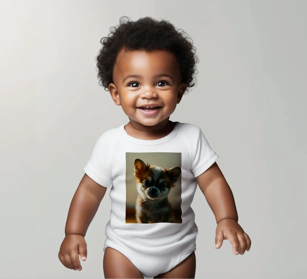 Un petit chien mignon aux grands yeux pose pour une photo douce et chaleureuse body bébé de DesignDoodle