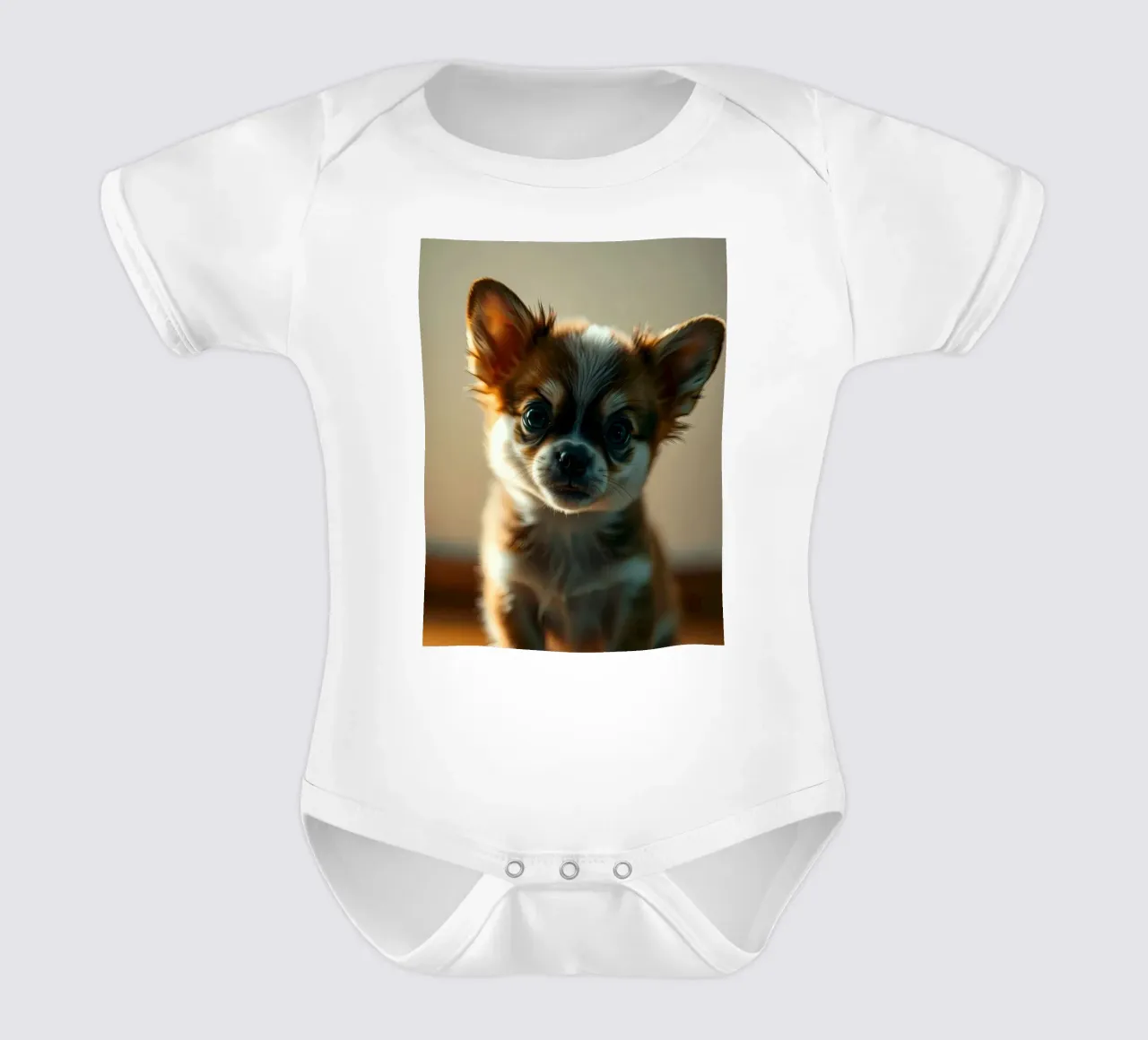 Un petit chien mignon aux grands yeux pose pour une photo douce et chaleureuse body bébé de DesignDoodle