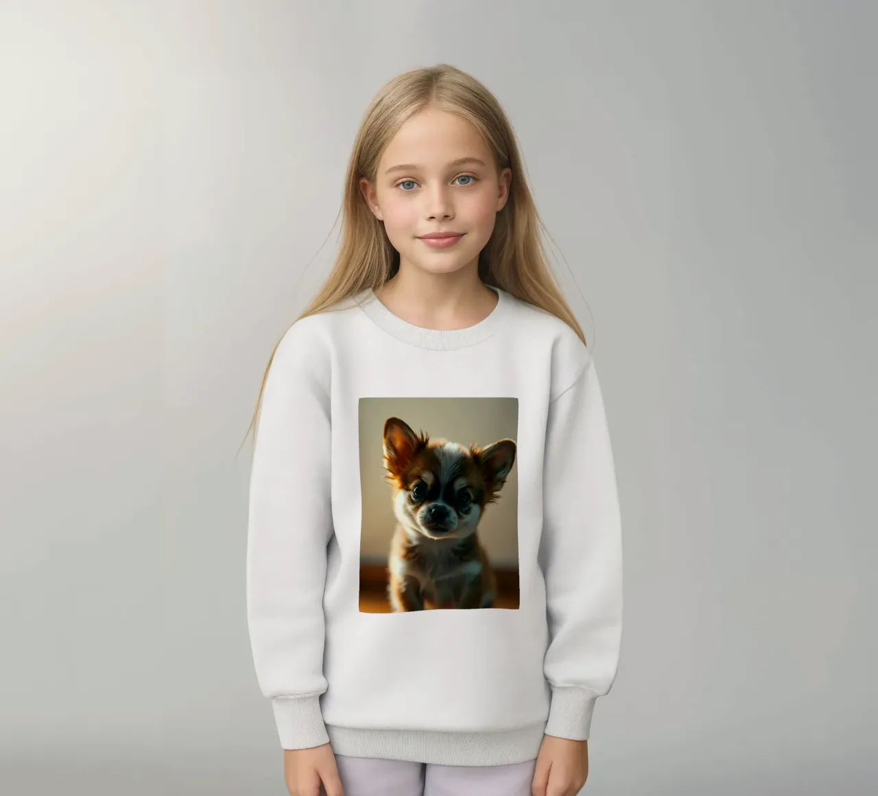 Un petit chien mignon aux grands yeux pose pour une photo douce et chaleureuse sweat enfant de DesignDoodle