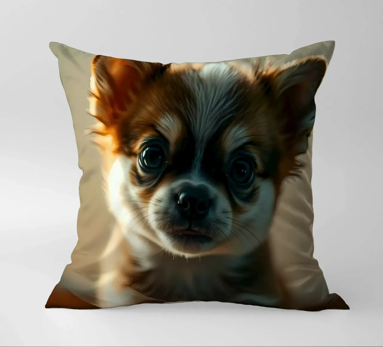 Un petit chien mignon aux grands yeux pose pour une photo douce et chaleureuse coussin de DesignDoodle