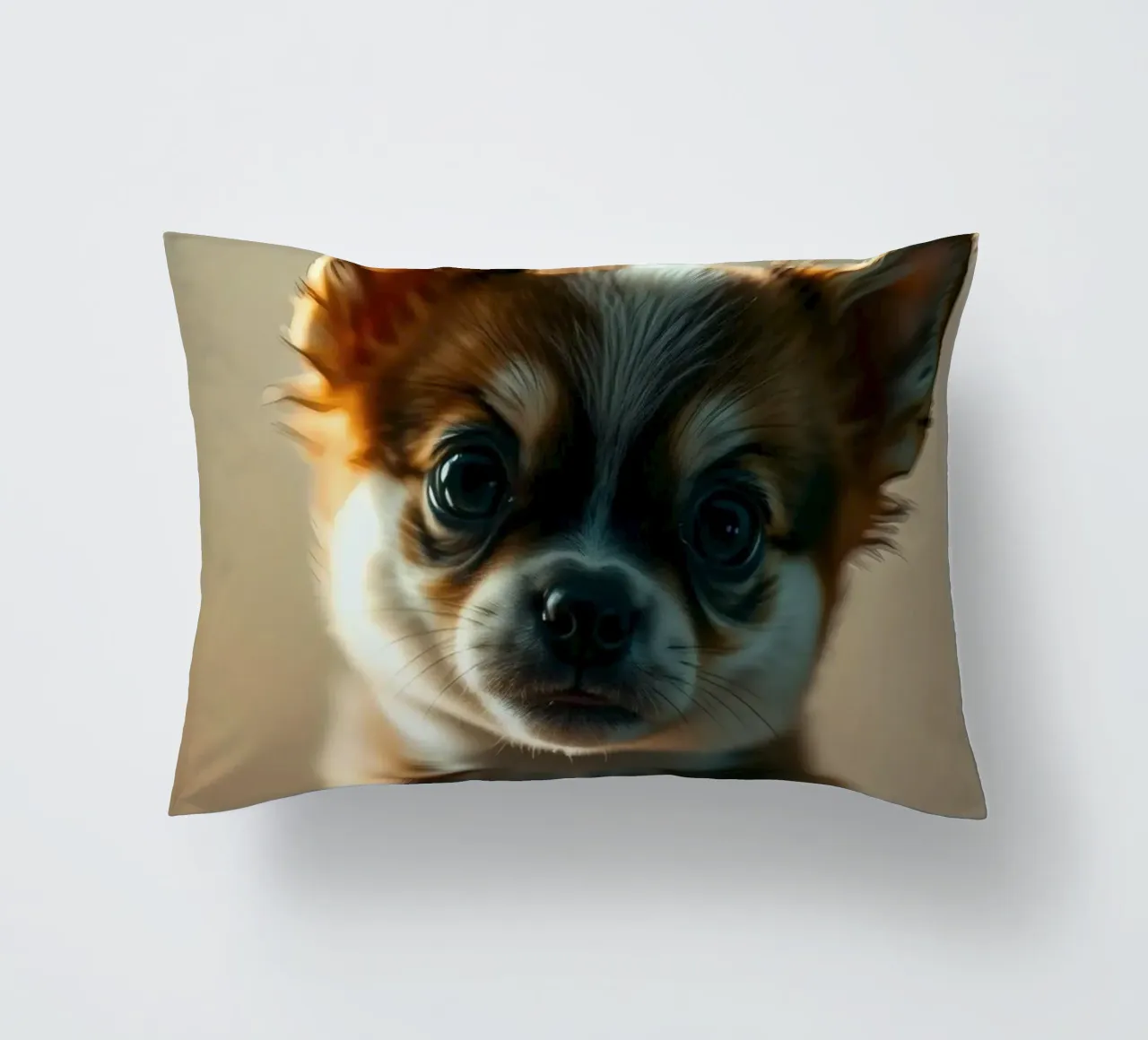Un petit chien mignon aux grands yeux pose pour une photo douce et chaleureuse coussin de DesignDoodle