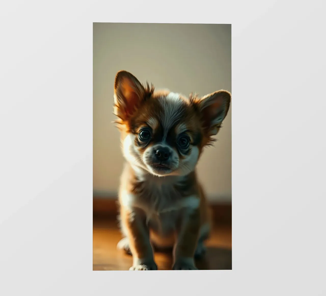 Un petit chien mignon aux grands yeux pose pour une photo douce et chaleureuse film rétro-éclairé de DesignDoodle