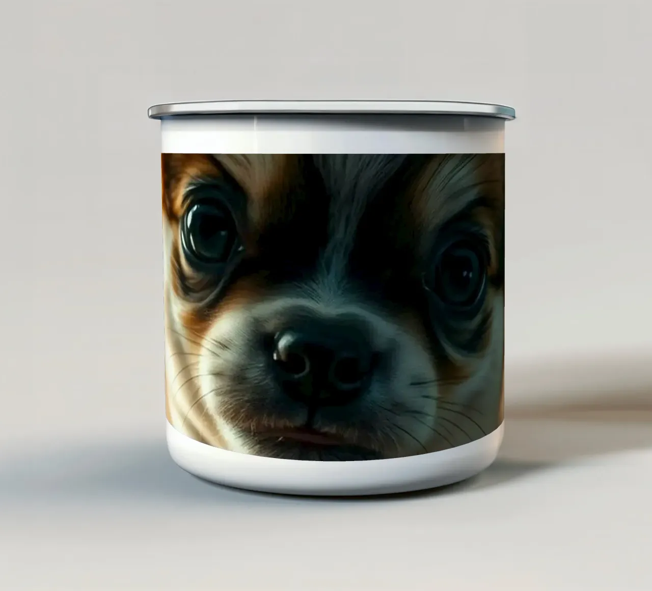 Un petit chien mignon aux grands yeux pose pour une photo douce et chaleureuse mug en émail de DesignDoodle