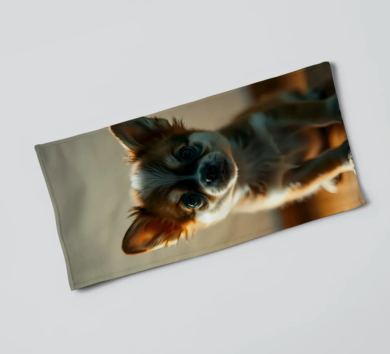 Un petit chien mignon aux grands yeux pose pour une photo douce et chaleureuse serviette de bain de DesignDoodle