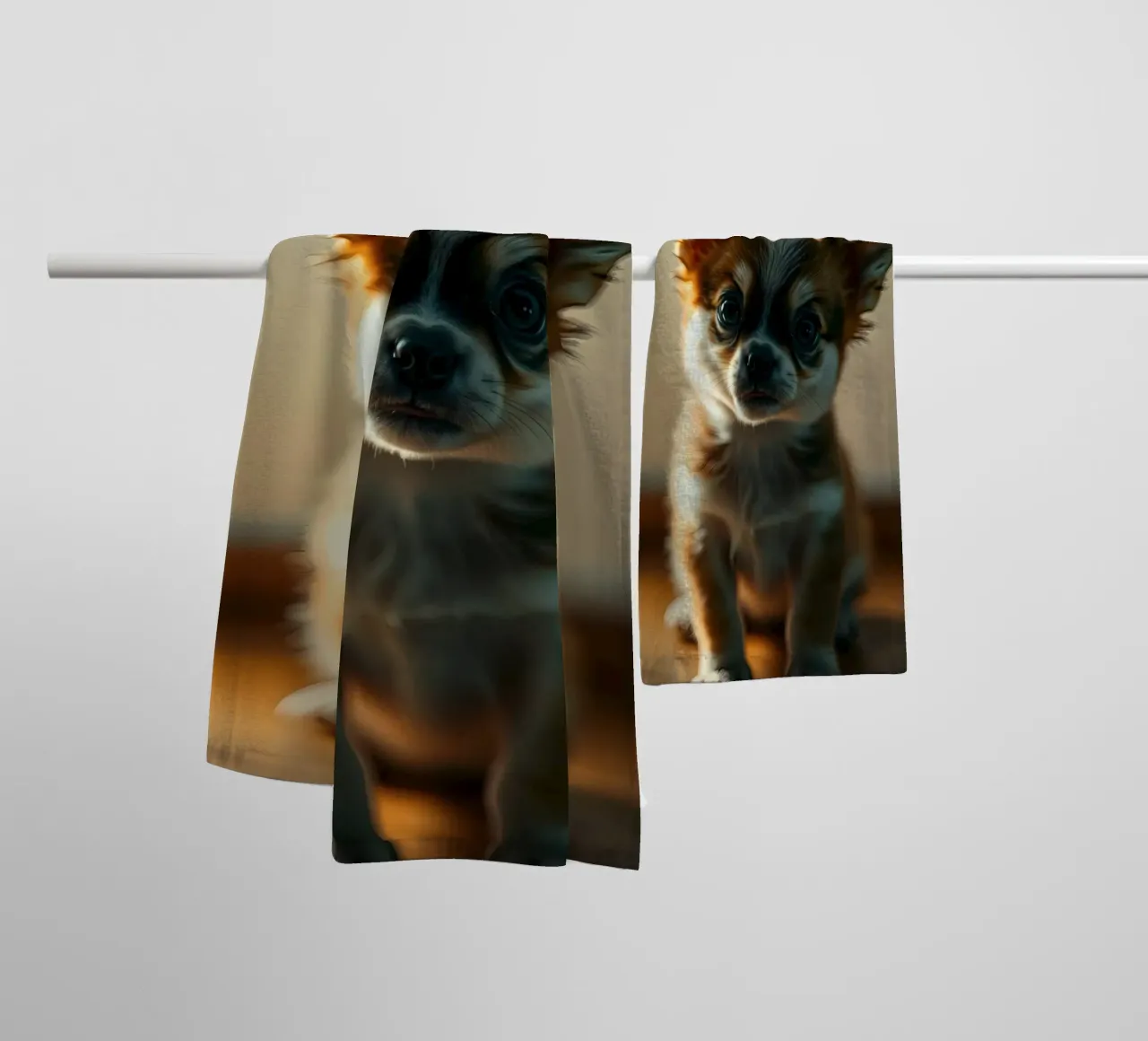 Un petit chien mignon aux grands yeux pose pour une photo douce et chaleureuse serviette de bain de DesignDoodle