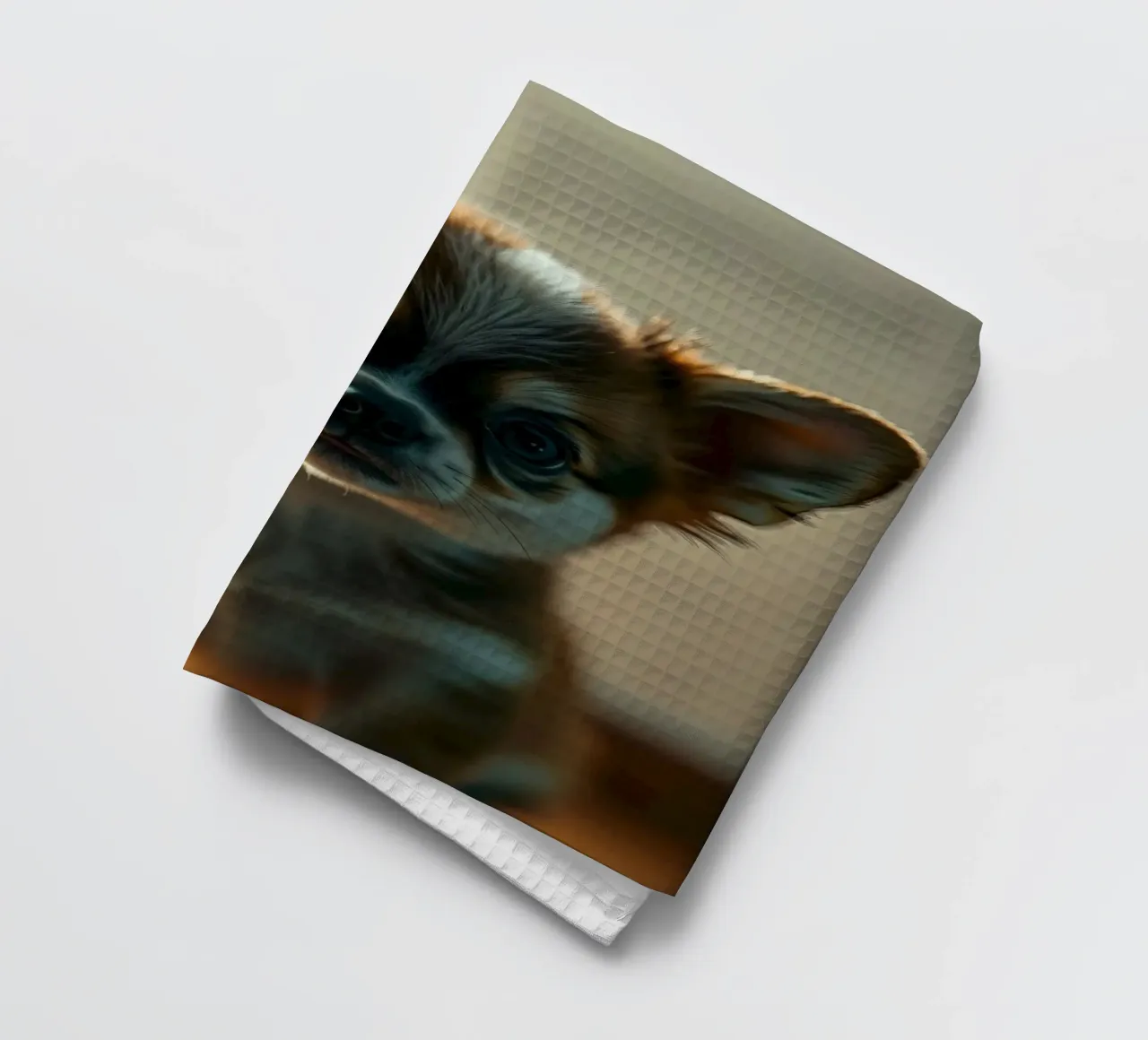 Un petit chien mignon aux grands yeux pose pour une photo douce et chaleureuse torchon de DesignDoodle