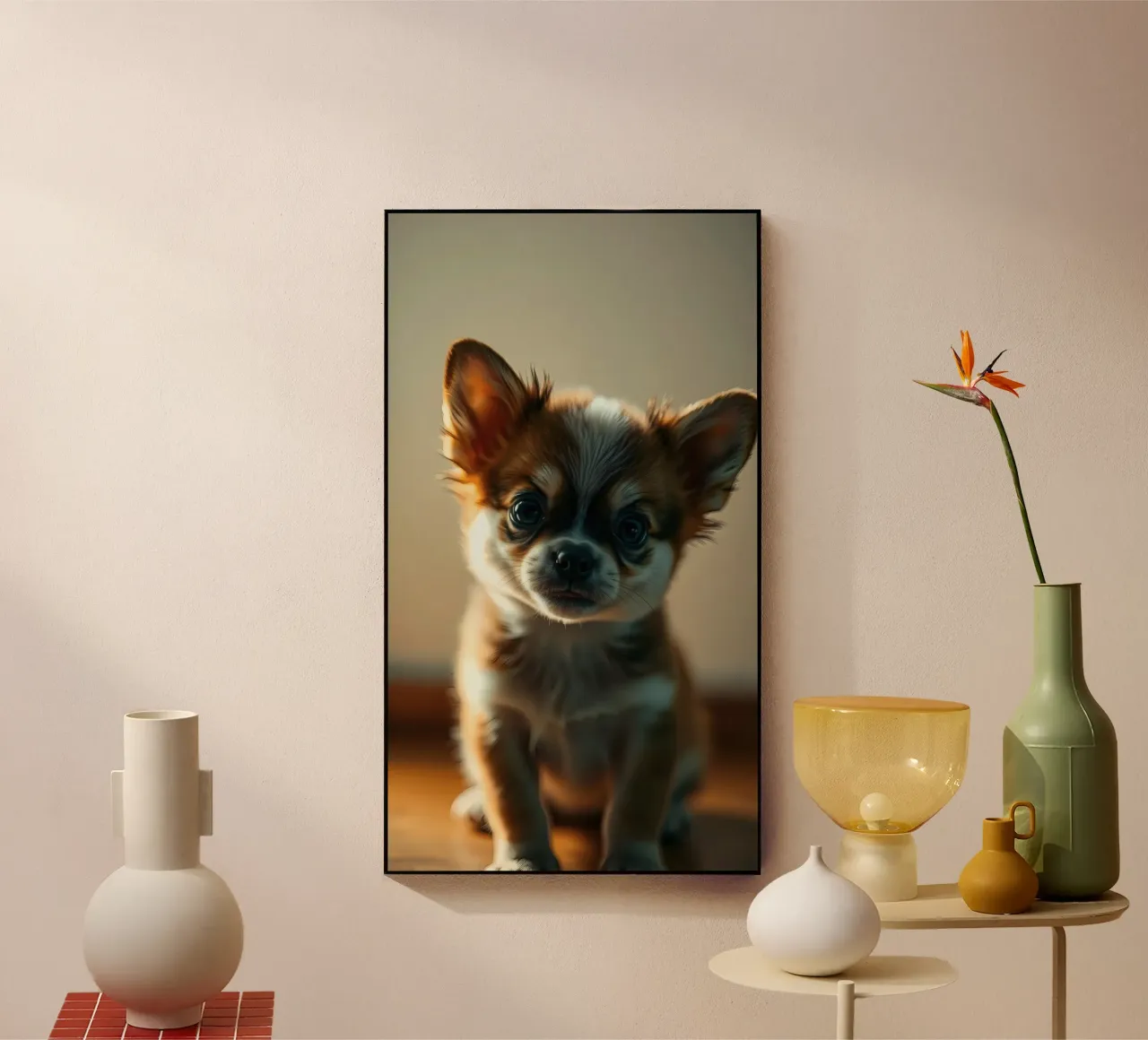Un petit chien mignon aux grands yeux pose pour une photo douce et chaleureuse plexiglas de DesignDoodle