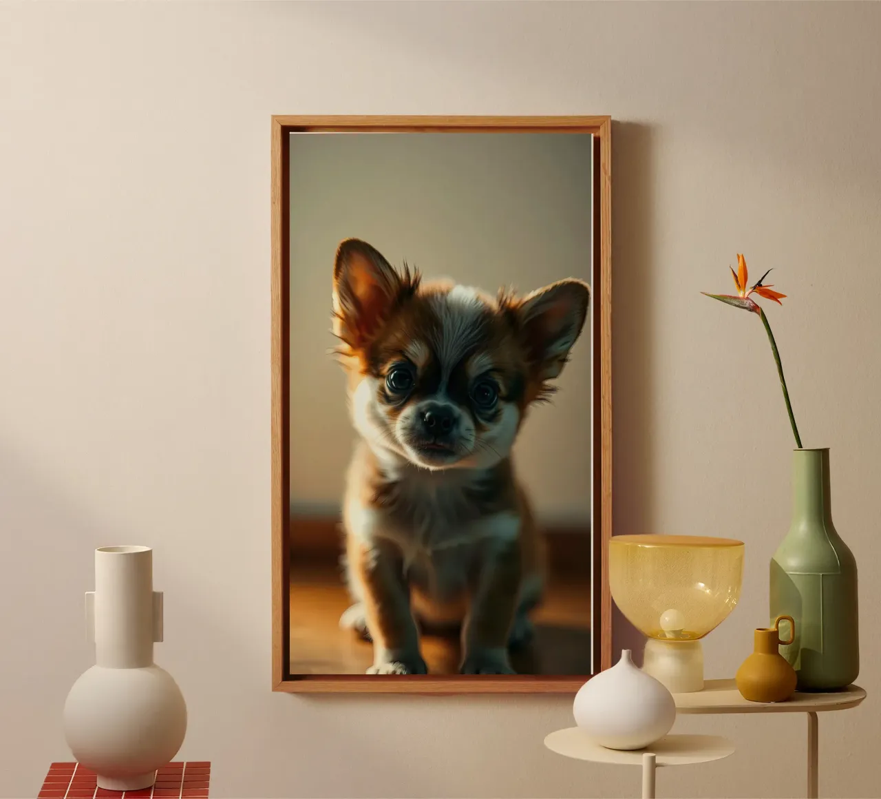 Cute small dog with big eyes poses for a soft and warm photo canvas by DesignDoodle