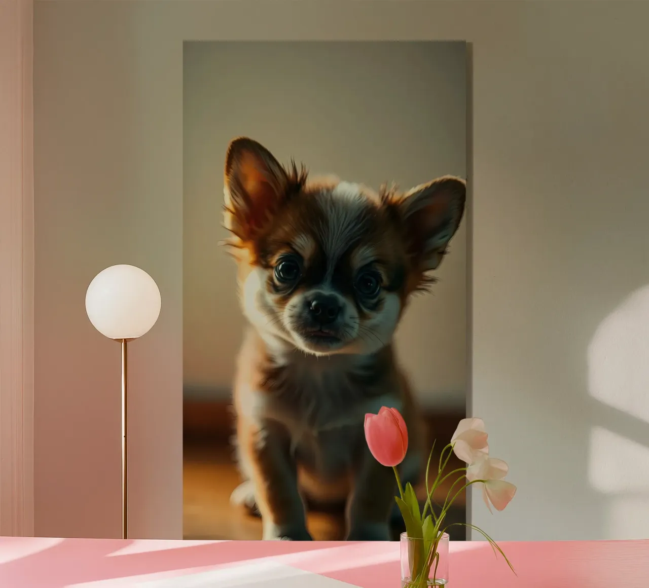 Un petit chien mignon aux grands yeux pose pour une photo douce et chaleureuse plexiglas de DesignDoodle