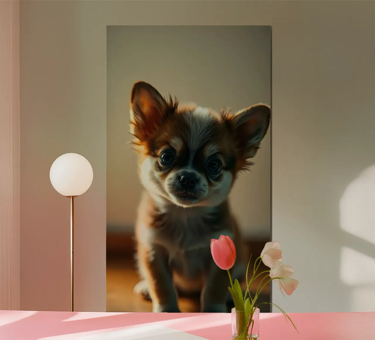 Un petit chien mignon aux grands yeux pose pour une photo douce et chaleureuse hahnemühle de DesignDoodle