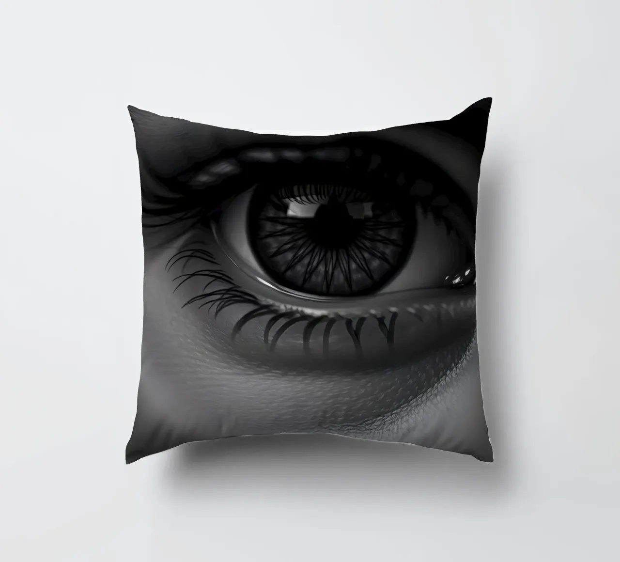 Primo piano di un occhio profondo in bianco e nero con ciglia dettagliate cuscino da DesignDoodle