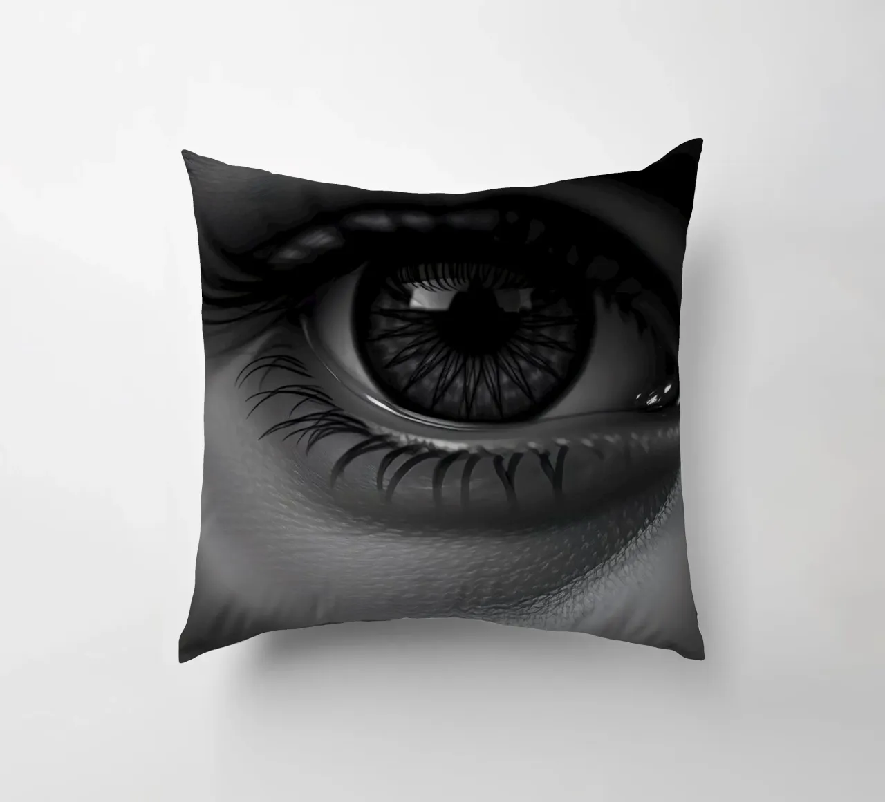 Primo piano di un occhio profondo in bianco e nero con ciglia dettagliate cuscino da DesignDoodle